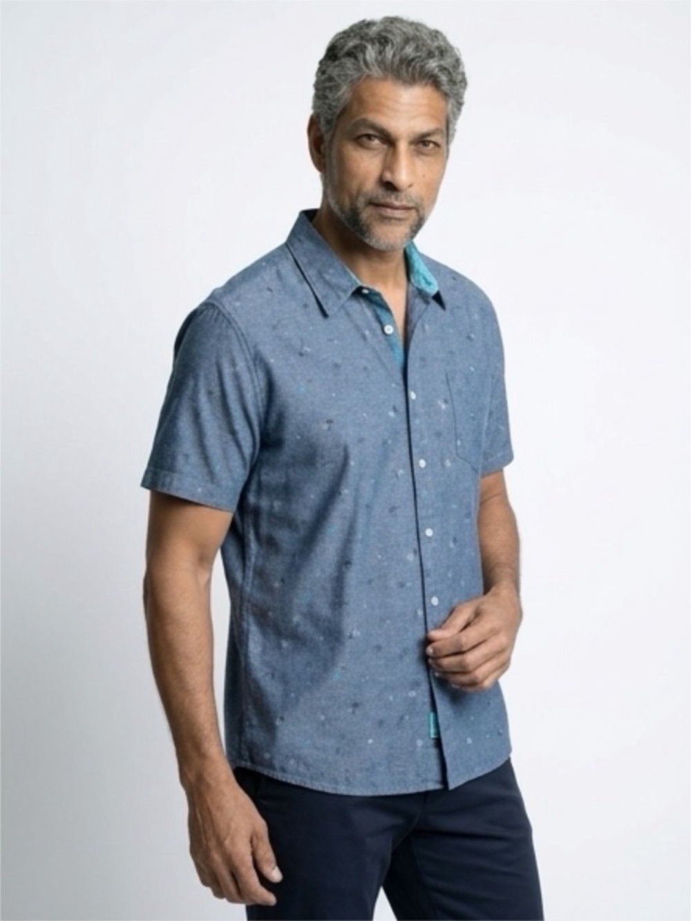 1888 Saddlebred - Blue Palm‎ Tree - Tailored Fit Short Sleeve Casual Shirt - XXL